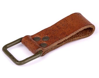 Vintage Ex-Army Thick Leather Belt Loop Square Metal D-Ring genuine riveted carry support real leather attachment metal ring keyring retro