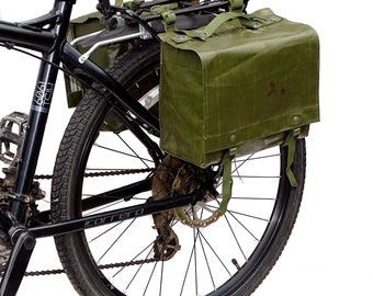 Genuine 1980s Ex-Army Waterproof Pannier Bags pair retro vintage green large bike rubberized panniers showerproof rainproof