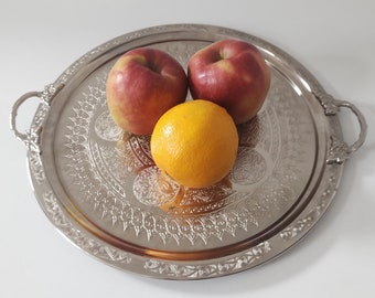 Vintage TRAY plato de servidor redondo con bandeja de mango PLATA PLATA grabado retro