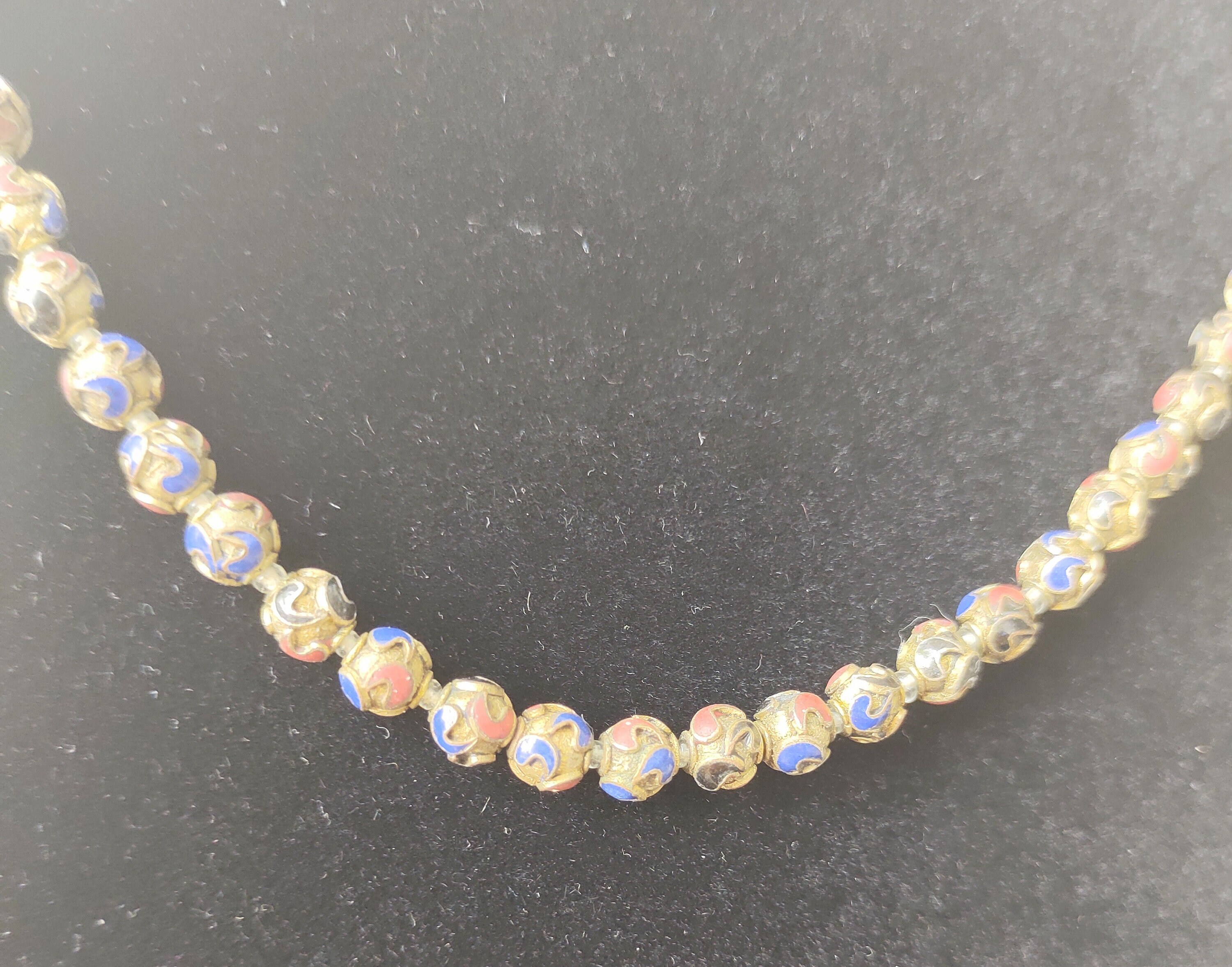 Collier Vintage Or Avec Pampilles Et Perles En émail Cloisonné - Bijou Ancien Modèle 5207