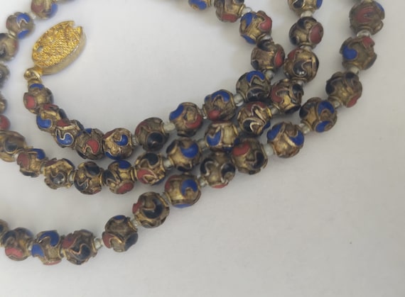 Collier Vintage Or Avec Pampilles, Perles Et émail Cloisonné - Bijou Ancien - Parfait état