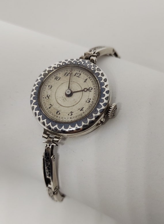 Ladys watch silver niello antique wristwatch mechanical watch vintage for women 1910s