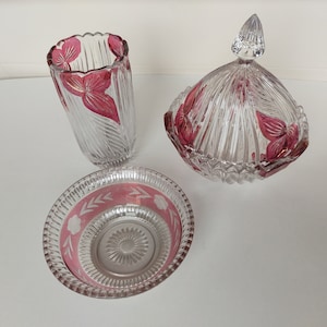 Set GLASS vintage vase bowl dish with lid trinket 1980s glass decor