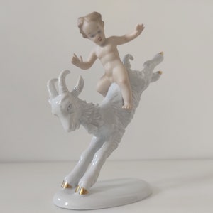 Amazing FIGURINE Wallendorf 1950s  porcelain  biscuit fugurine cherub riding a goat made in Germany vintage