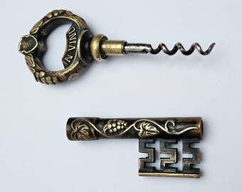 Vintage brass bottle opener corkscrew key shape Veritas in vino CORKSCREW retro opener