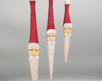 Hand Carved Wooden Folk Art Icicle Santa Claus Christmas Ornament
