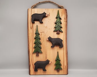 Rustic Three Bear and Pine Tree Wall Hanging