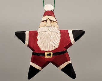 Hand Carved Wooden Folk Art Star Santa Claus Christmas Ornament