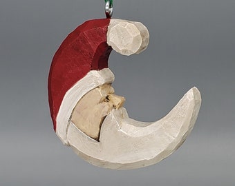 Hand Carved Wooden Folk Art Santa Claus Crescent Moon Ornament