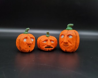 Hand Carved Wood Folk Art Pumpkin Set of Three