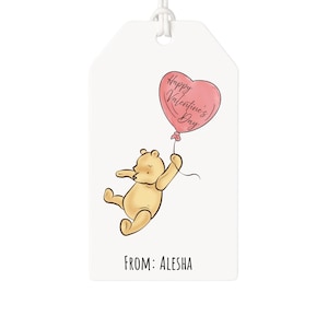 Etiquetas de regalo de San Valentín, Winnie Pooh clásico con globo, etiquetas de regalo para la familia y el aula, personalizadas, etiquetas de papel de regalo para regalo, etiquetas personalizadas