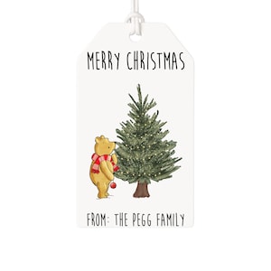 Etiquetas de regalo de Navidad, Winnie Pooh clásico con árbol, etiquetas de regalo navideñas, personalizadas, etiqueta de papel de regalo para regalo, etiqueta personalizada