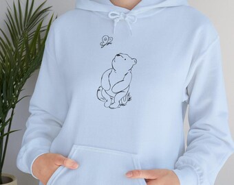 Pooh Butterfly Hoodie, Winnie Gildan Hooded Sweatshirt, Cute Cartoon Pullover, Gift for Pooh Fans, Warm Winter Sweater, Bear Lover Jumper