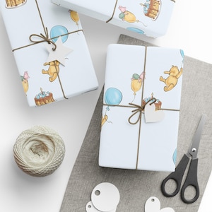 Papeles de regalo, globo de Pooh de feliz cumpleaños en azul bebé, vela para mesa de pastel, papel de regalo, ocasiones de celebración, eventos especiales, presente