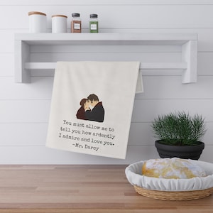 Paño de cocina Orgullo y prejuicio, Ardently, love you, Paño de cocina de algodón o poliéster, Regalo con cita de Jane Austen, Imagen de Elizabeth y Darcy