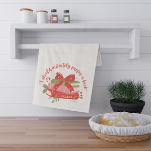 Christmas Theme Tea Towel with Jane Austen Quote, Holiday Kitchen Decor, Book Lover Gift, Pride and Prejudice, Literary Gift, Red Green