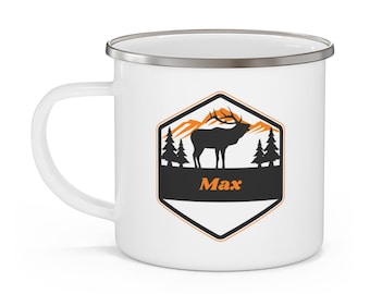 Personalized Enamel Camping Mug, Moose and Mountain Design