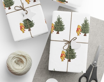 Winnie the Pooh White Wrapping Paper, Gift Wrap for Holidays, Pooh Fan Decor, Cute Cartoon Character Design, Wrapping Paper Roll, tree light
