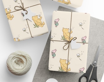 Wrapping Paper, Cream Classic Pooh and Piglet Dandelion Design, Gift Wrap, Holiday Gift, Present Decor, Valentine&#39;s, Birthday, Baby shower