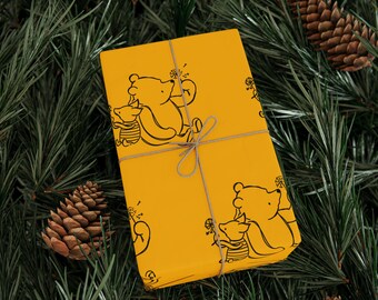 Winnie the Pooh and Piglet, Yellow with Pooh and Piglet Blowing Dandelions, Classic, Birthday, Anniversary, Christmas Wrapping Papers