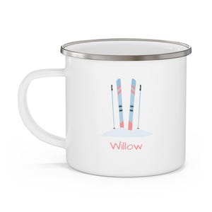 Skiing Enamel Camping Mug, Personalized Outdoor Adventure Cup, Winter Sports Gift, Custom Name Snow Mug, Blue Coral Ski Decor, Campfire Mug