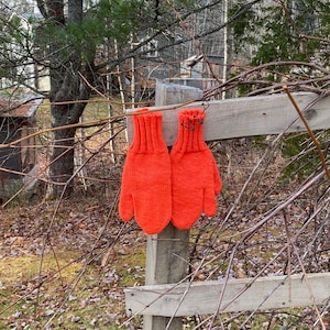 May include: A pair of vibrant orange knitted mittens hanging on a wooden fence post. The mittens are made of a thick, textured yarn and have a ribbed cuff. The background features trees and foliage.