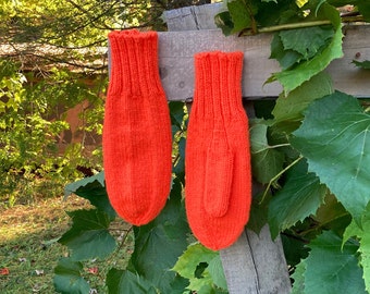 Orange Wool Mittens, Hunter Orange Wool Mittens, Mens Traditional Wool Mittens, Handknit Wool Mittens, Homemade Wool Mittens, Men's Mitts