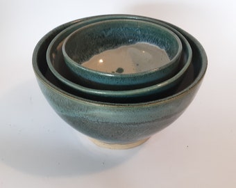 Thrown pottery  set of 3 Green Magnetite nesting breakfast bowls,  Tapas  bowls, noodle bowls