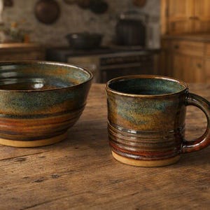 May include: A ceramic bowl and a matching mug featuring a reactive glaze with blended tones of deep blue, earthy brown, and warm orange. Both pieces have a smooth, rounded silhouette with subtle horizontal ridges and a natural, unglazed tan base.