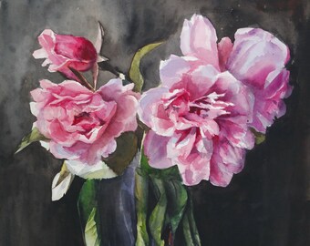 Mary's Peonies, Watercolor, archival print from original painting, 12x12 inches