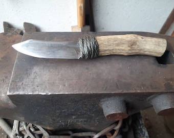 Hand forged 3 1/2 inch bladed skinning knife, small file knife with antler handle and paracord wrapped transition, camp hunter knife