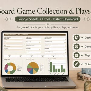 Può includere: Uno schermo di un portatile che mostra un foglio di calcolo Board Game Collection & Plays Log con dashboard, grafici a torta e a barre. L'interfaccia include schede per Dashboard, Games, Plays Log e Notes, compatibile con Google Sheets ed Excel.