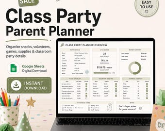 Modello di Fogli Google per l'organizzazione di feste di classe, agenda per i genitori degli alunni (download digitale)