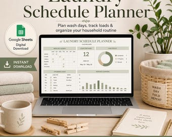Modello di Fogli Google per la pianificazione del bucato, monitoraggio del bucato familiare, routine delle faccende domestiche, organizzatore per la cura degli indumenti