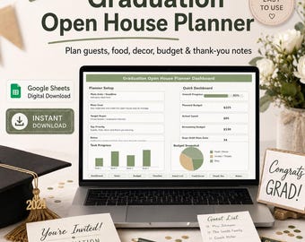 Modello di Fogli Google per la pianificazione della festa di laurea, lista di controllo per la festa di laurea, organizzatore del budget per gli invitati al pranzo.
