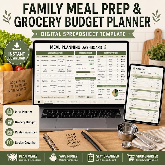 Family Meal Prep Planner Google Sheets, Weekly Meal Planner with Grocery List, Menu and Budget Tracker, Digital Download