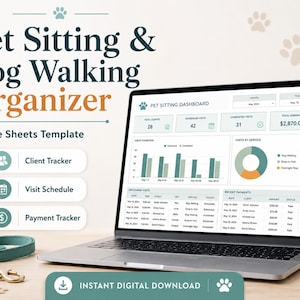 May include: A digital Pet Sitting & Dog Walking Organizer Google Sheets template displayed on a laptop screen. The dashboard features a Pet Sitting Dashboard, client tracker, visit schedule, and payment tracker with charts and tables.