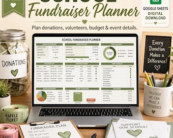 School Fundraiser Planner Google Sheets Template, PTA Fundraising Tracker, Event Budget, Volunteer Organizer