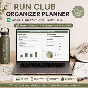 May include: A digital Run Club Organizer Planner displayed on a laptop screen, featuring a dashboard with budget, task progress, and goal tracking. Beside the laptop are a green water bottle with the text Run Together Grow Together, running shoes, and a notepad.