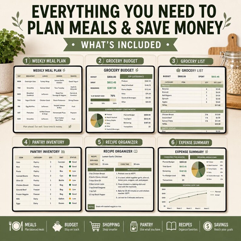 May include: A digital meal planning and budget tracking set featuring six distinct templates: Weekly Meal Plan, Grocery Budget, Grocery List, Pantry Inventory, Recipe Organizer, and Expense Summary. The design uses a sage green and cream colour palette.
