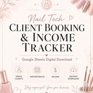 Pode incluir: Um rastreador digital de agendamentos e rendimentos para técnicos de unhas no Google Sheets. O documento apresenta texto, ícones para rastrear clientes, compromissos, renda e download instantâneo, com esmalte e pincéis.