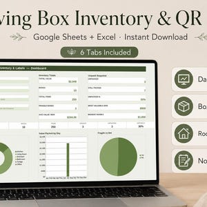 May include: A digital moving box inventory and QR label system displayed on a laptop screen. The interface features a dashboard with data charts, inventory totals, and a list of tabs including Dashboard, Boxes, Room Summary, and Notes.