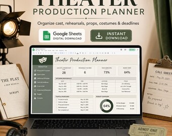 Modello di Fogli Google per la pianificazione della produzione teatrale, programma delle prove, organizzazione di oggetti di scena, costumi e cast.