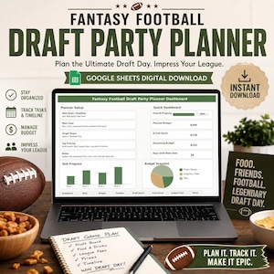 May include: A digital fantasy football draft party planner displayed on a laptop screen, featuring a dashboard with budget tracking, task progress charts, and a pie chart. The planner includes sections for setup, goals, and league management.