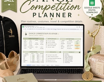 Modello di Fogli Google per la pianificazione di gare di danza, organizzatore per mamme di ballerine, strumento per monitorare la pianificazione della preparazione dei costumi.