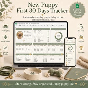 May include: A digital New Puppy First 30 Days Tracker displayed on a laptop and smartphone screen, featuring sections for puppy profile, daily schedule, feeding, potty training, vaccine tracker, supply checklist, and milestones in a green theme.