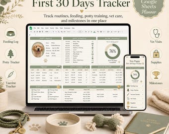 New Puppy First 30 Days Tracker (Google Sheets), Potty Training, Feeding Log