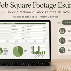 May include: A laptop screen displaying a Tile Job Square Footage Estimator spreadsheet with a dashboard, charts, and cost breakdown. The text reads Tile Job Square Footage Estimator, Flooring Material & Labour Quote Calculator, Google Sheets + Excel, Instant Download, 5 Spreadsheet Tabs, Dashboard, Rooms, and Notes.