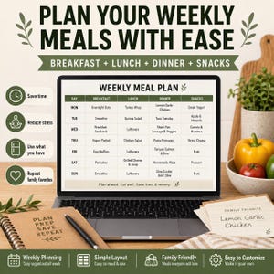 May include: A laptop screen displays a weekly meal plan grid with columns for breakfast, lunch, dinner, and snacks. The screen shows text including PLAN YOUR WEEKLY MEALS WITH EASE and Plan ahead. Eat well. Save time & money. A notebook and recipe card are nearby.