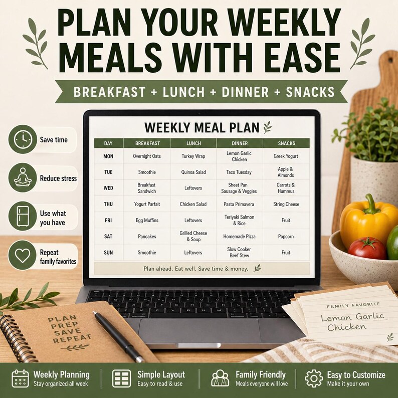 May include: A laptop screen displays a weekly meal plan grid with columns for breakfast, lunch, dinner, and snacks. The screen shows text including PLAN YOUR WEEKLY MEALS WITH EASE and Plan ahead. Eat well. Save time & money. A notebook and recipe card are nearby.